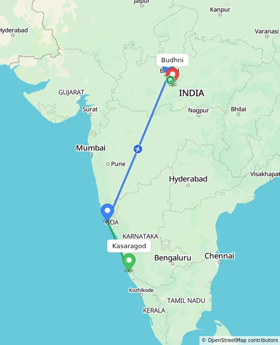 Route map showing distance and travel time from Kasaragod, India to Budhni, India