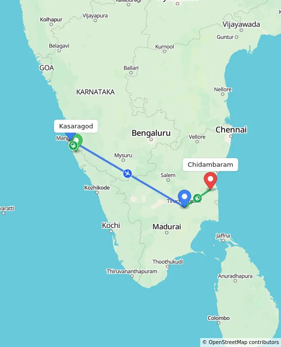 Route map showing distance and travel time from Kasaragod, India to Chidambaram, India