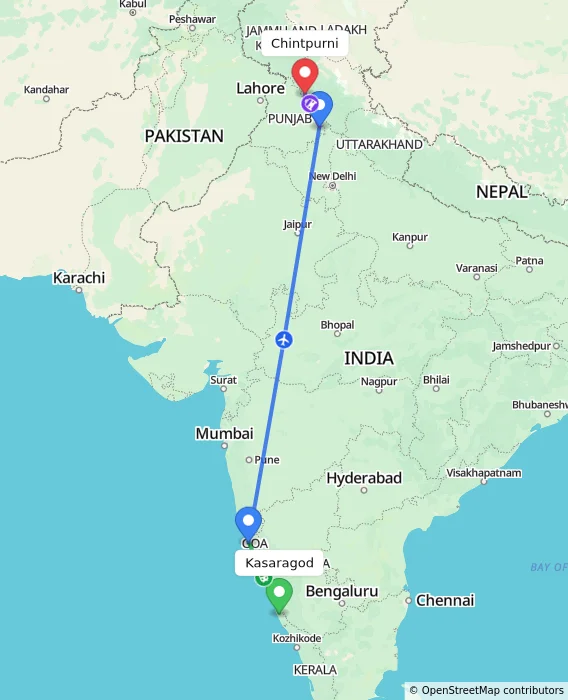 Route map showing distance and travel time from Kasaragod, India to Chintpurni, India