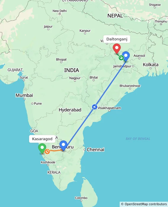 Route map showing distance and travel time from Kasaragod, India to Daltonganj, India