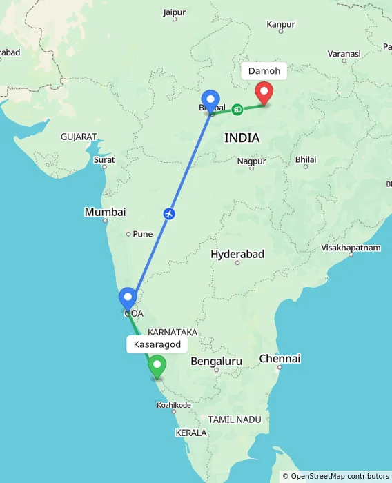 Route map showing distance and travel time from Kasaragod, India to Damoh, India
