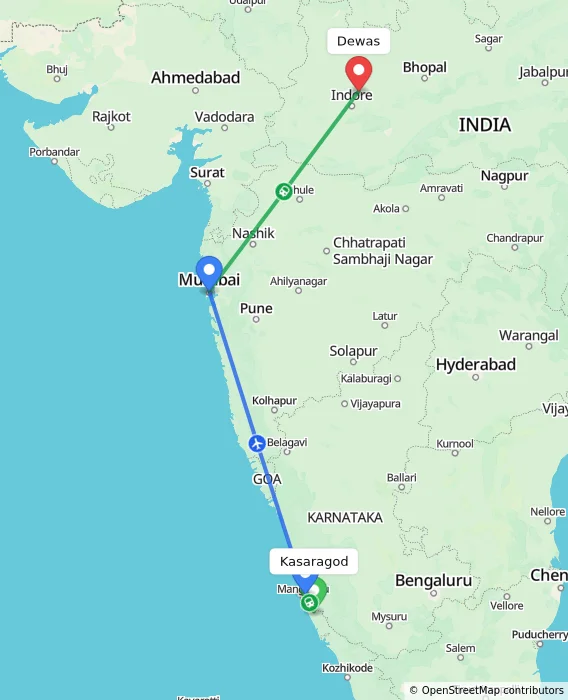Route map showing distance and travel time from Kasaragod, India to Dewas, India