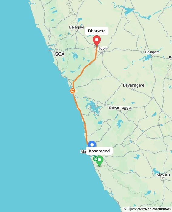 Route map showing distance and travel time from Kasaragod, India to Dharwad, India