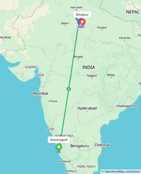 Route map showing distance and travel time from Kasaragod, India to Dholpur, India