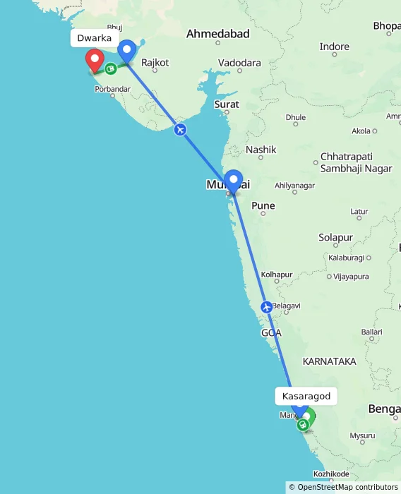 Route map showing distance and travel time from Kasaragod, India to Dwarka, India