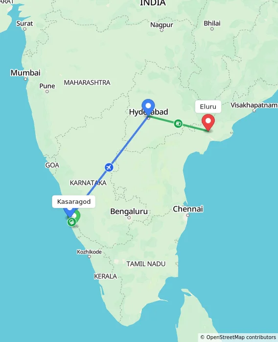 Route map showing distance and travel time from Kasaragod, India to Eluru, India
