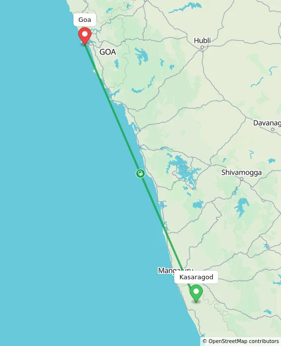 Route map showing distance and travel time from Kasaragod, India to Goa, India