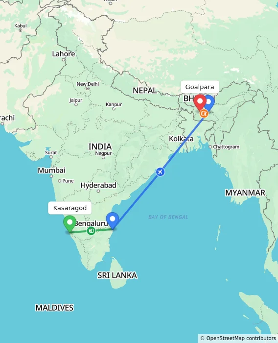 Route map showing distance and travel time from Kasaragod, India to Goalpara, India