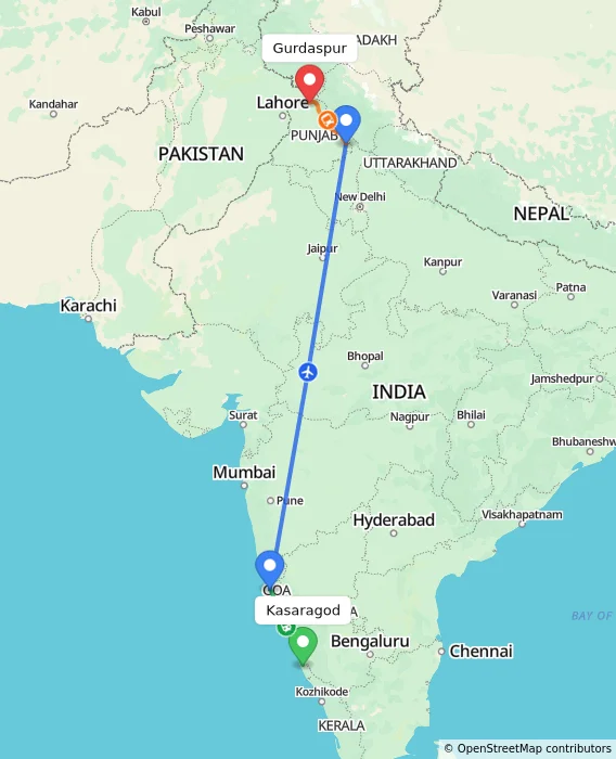 Route map showing distance and travel time from Kasaragod, India to Gurdaspur, India