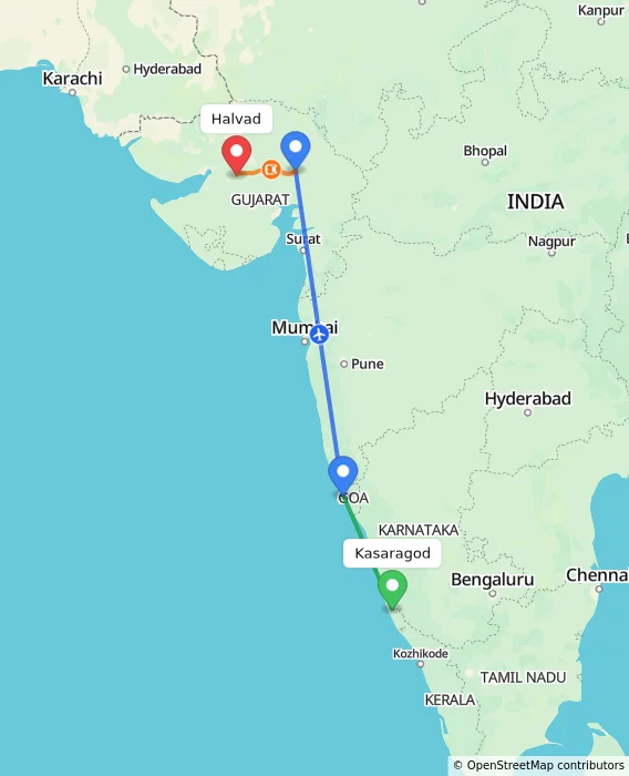 Route map showing distance and travel time from Kasaragod, India to Halvad, India