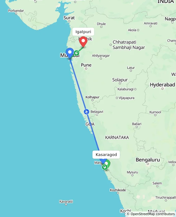 Route map showing distance and travel time from Kasaragod, India to Igatpuri, India