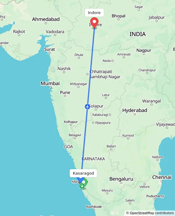 Route map showing distance and travel time from Kasaragod, India to Indore, India