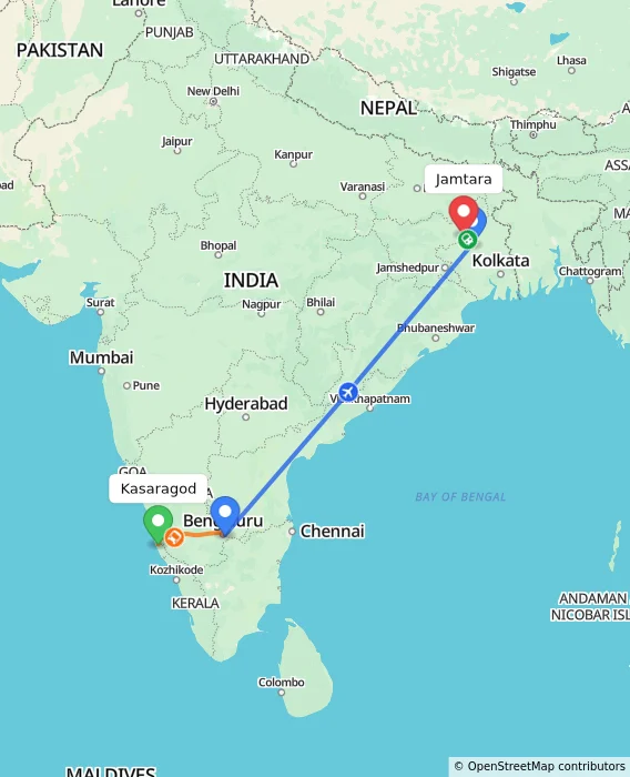 Route map showing distance and travel time from Kasaragod, India to Jamtara, India