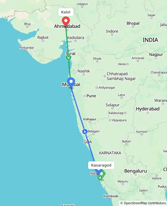 Route map showing distance and travel time from Kasaragod, India to Kalol, India