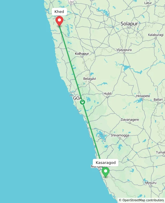 Route map showing distance and travel time from Kasaragod, India to Khed, India