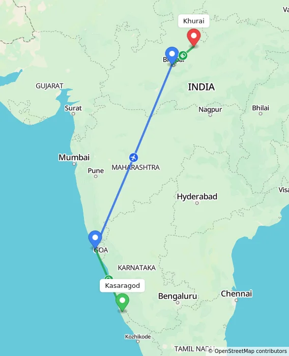 Route map showing distance and travel time from Kasaragod, India to Khurai, India