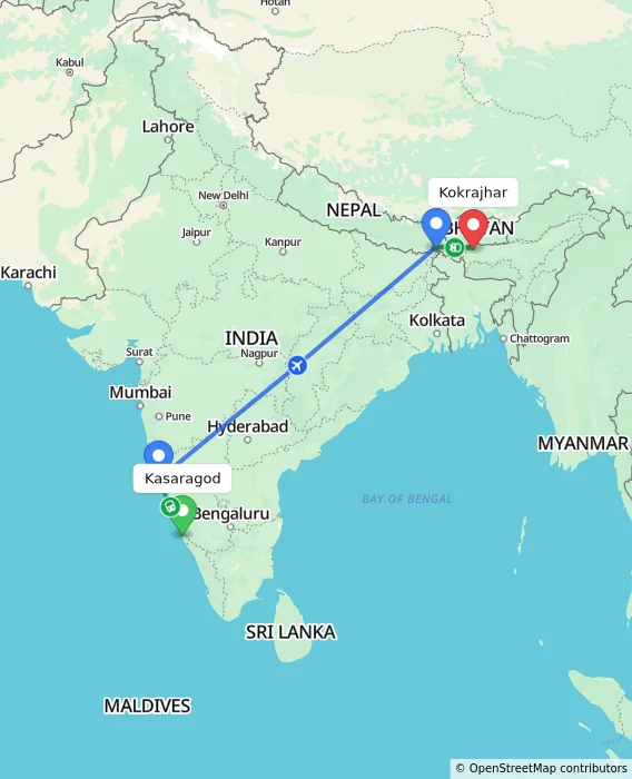 Route map showing distance and travel time from Kasaragod, India to Kokrajhar, India