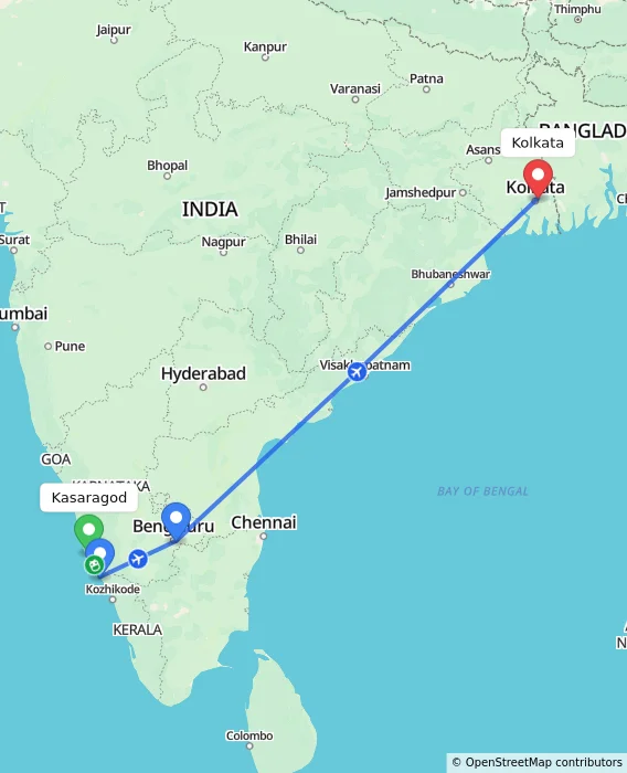 Route map showing distance and travel time from Kasaragod, India to Kolkata, India