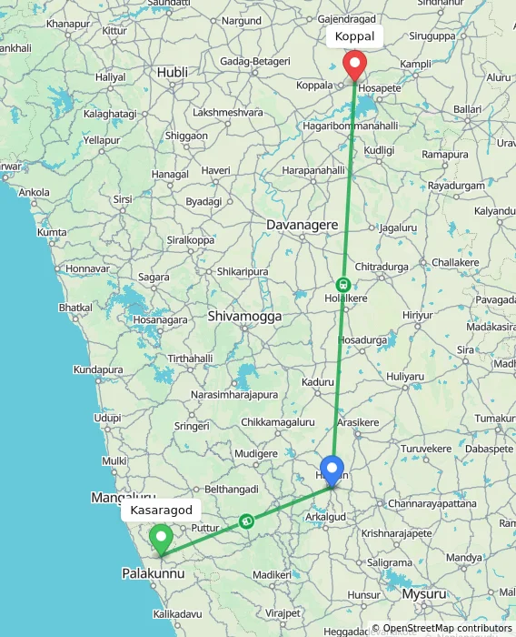Route map showing distance and travel time from Kasaragod, India to Koppal, India