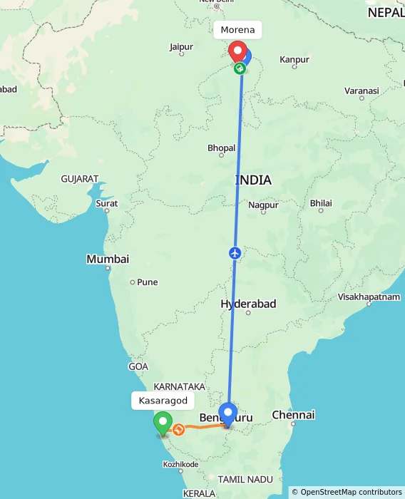 Route map showing distance and travel time from Kasaragod, India to Morena, India