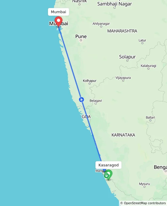Route map showing distance and travel time from Kasaragod, India to Mumbai, India