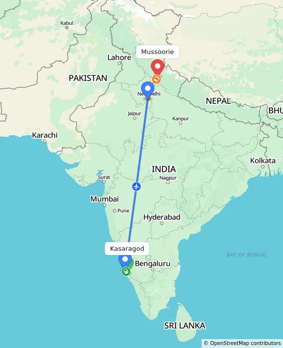 Route map showing distance and travel time from Kasaragod, India to Mussoorie, India