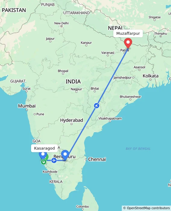 Route map showing distance and travel time from Kasaragod, India to Muzaffarpur, India