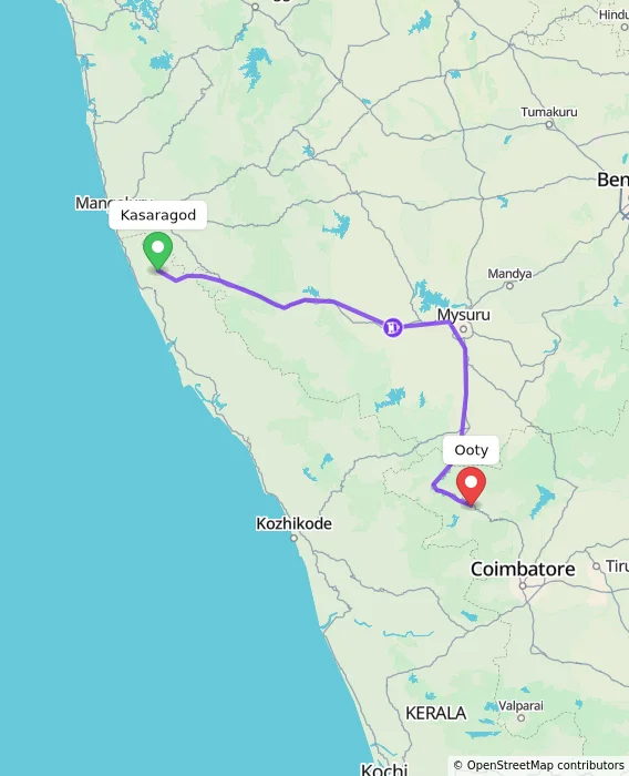Route map showing distance and travel time from Kasaragod, India to Ooty, India