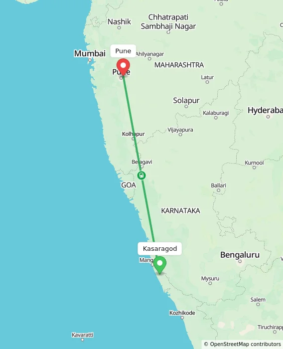 Route map showing distance and travel time from Kasaragod, India to Pune, India