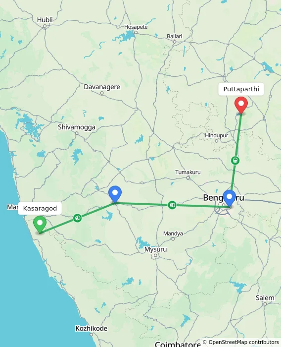 Route map showing distance and travel time from Kasaragod, India to Puttaparthi, India