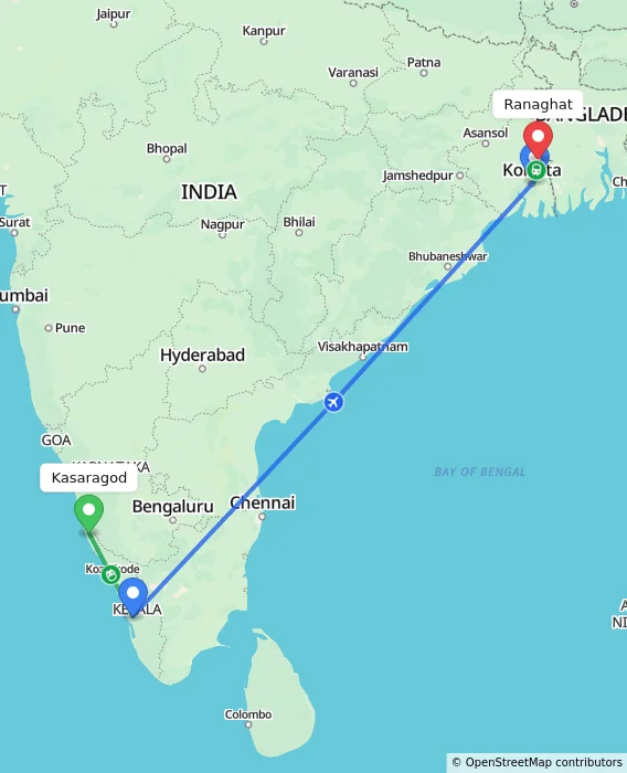 Route map showing distance and travel time from Kasaragod, India to Ranaghat, India