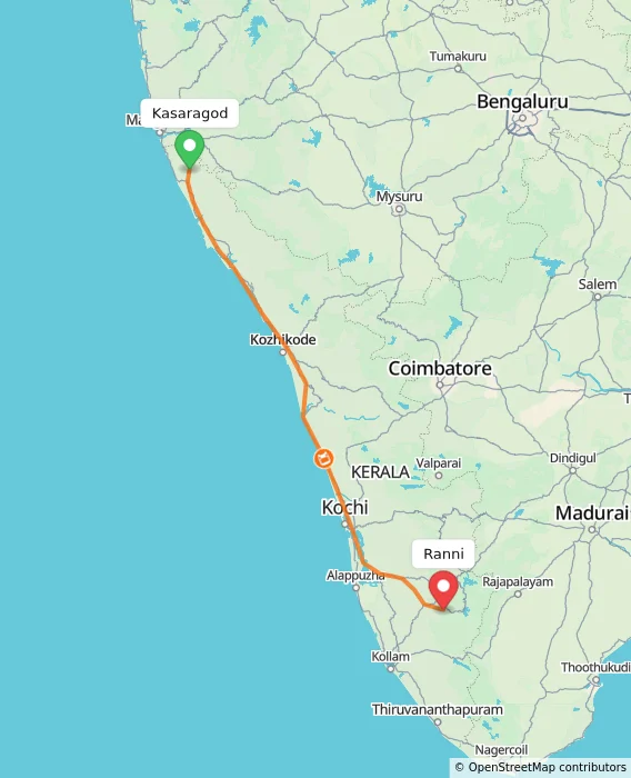 Route map showing distance and travel time from Kasaragod, India to Ranni, India