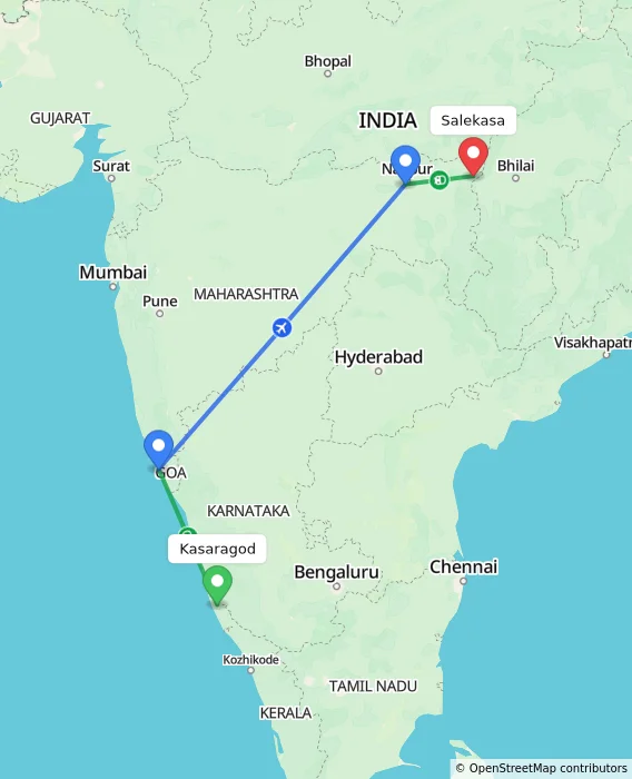 Route map showing distance and travel time from Kasaragod, India to Salekasa, India