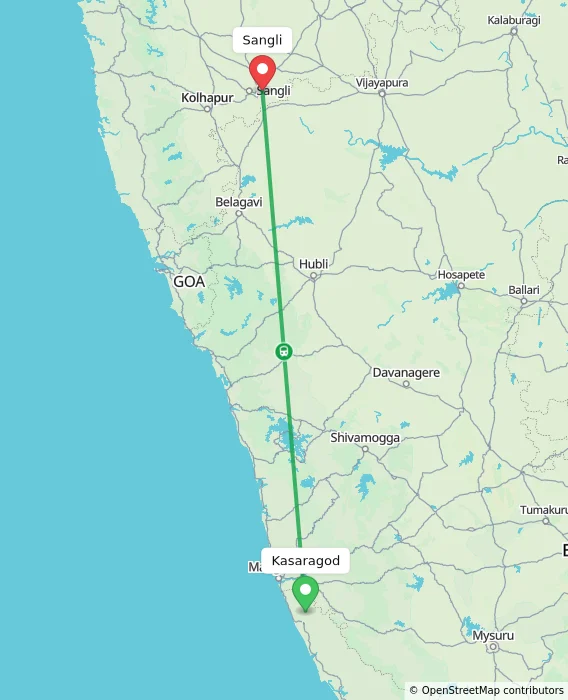 Route map showing distance and travel time from Kasaragod, India to Sangli, India