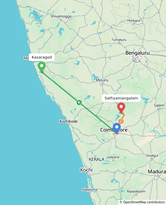 Route map showing distance and travel time from Kasaragod, India to Sathyamangalam, India