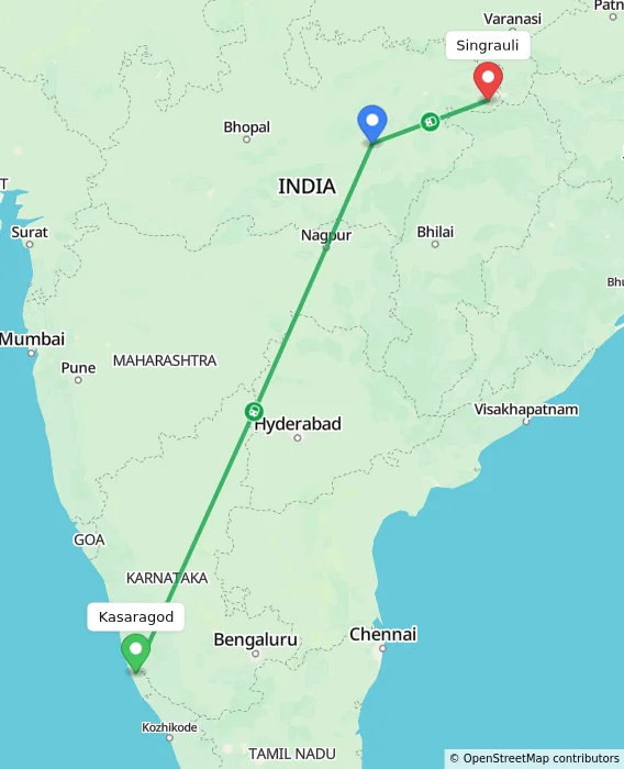 Route map showing distance and travel time from Kasaragod, India to Singrauli, India
