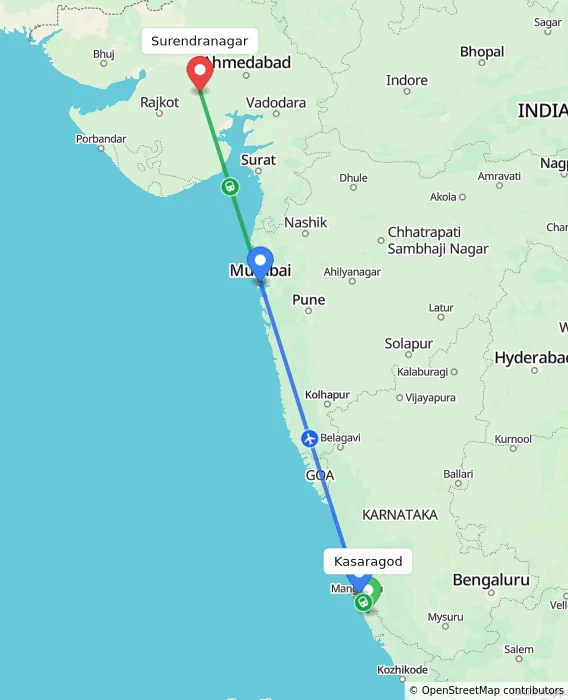 Route map showing distance and travel time from Kasaragod, India to Surendranagar, India