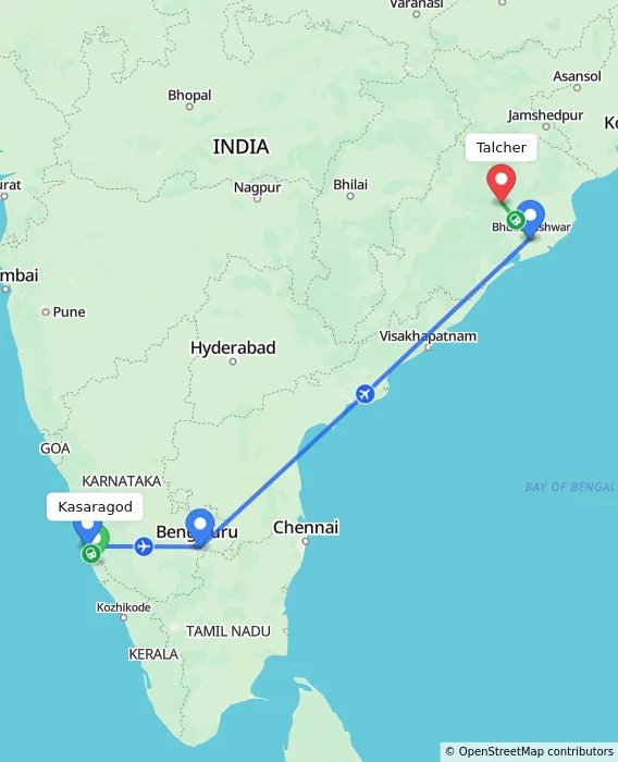 Route map showing distance and travel time from Kasaragod, India to Talcher, India