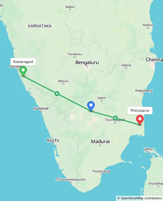 Route map showing distance and travel time from Kasaragod, India to Thiruvarur, India