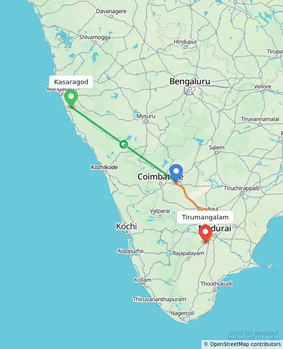 Route map showing distance and travel time from Kasaragod, India to Tirumangalam, India