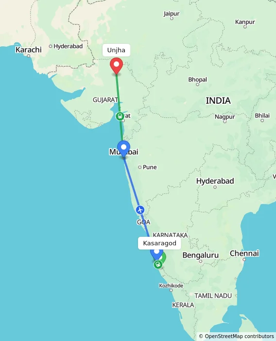 Route map showing distance and travel time from Kasaragod, India to Unjha, India