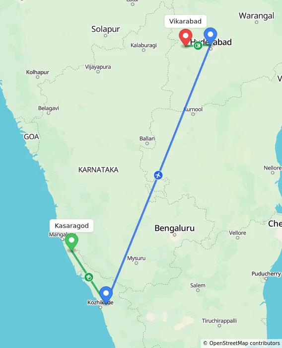 Route map showing distance and travel time from Kasaragod, India to Vikarabad, India