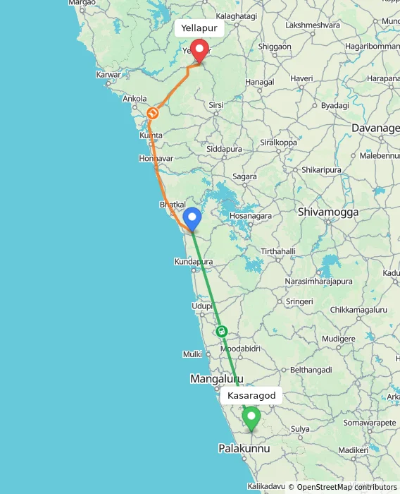 Route map showing distance and travel time from Kasaragod, India to Yellapur, India