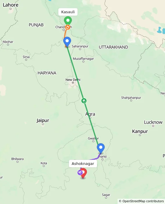 Route map showing distance and travel time from Kasauli, India to Ashoknagar, India