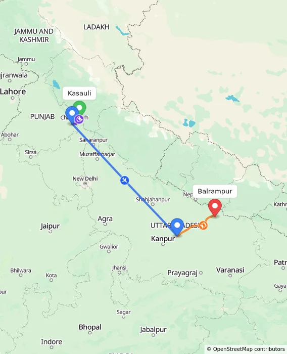 Route map showing distance and travel time from Kasauli, India to Balrampur, India