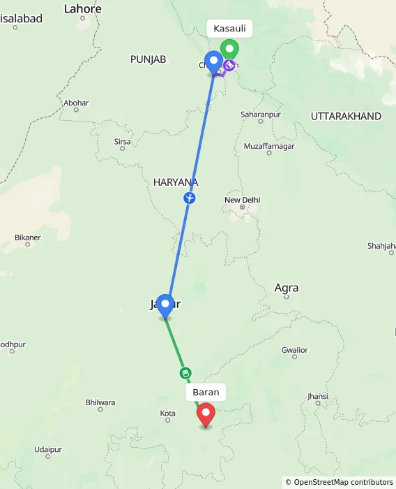 Route map showing distance and travel time from Kasauli, India to Baran, India