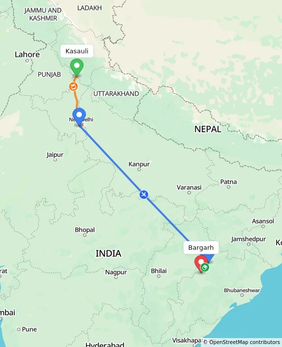 Route map showing distance and travel time from Kasauli, India to Bargarh, India