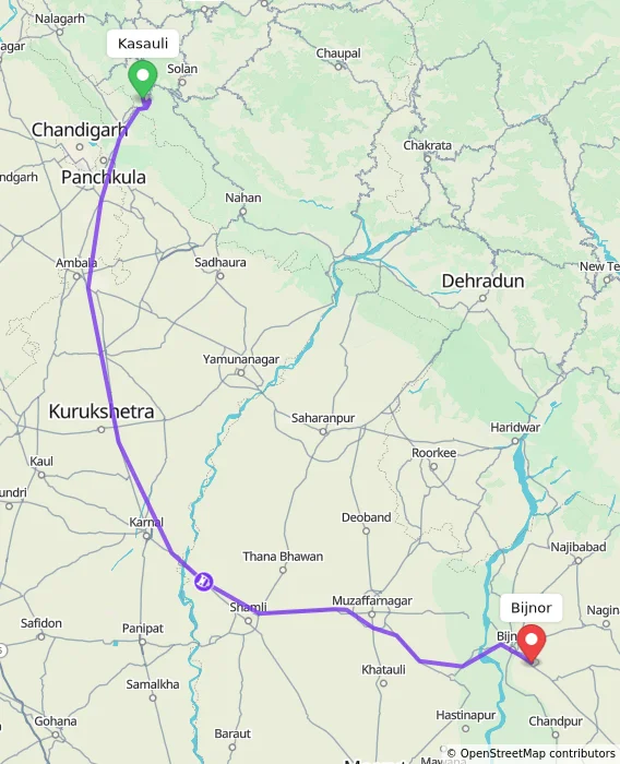 Route map showing distance and travel time from Kasauli, India to Bijnor, India