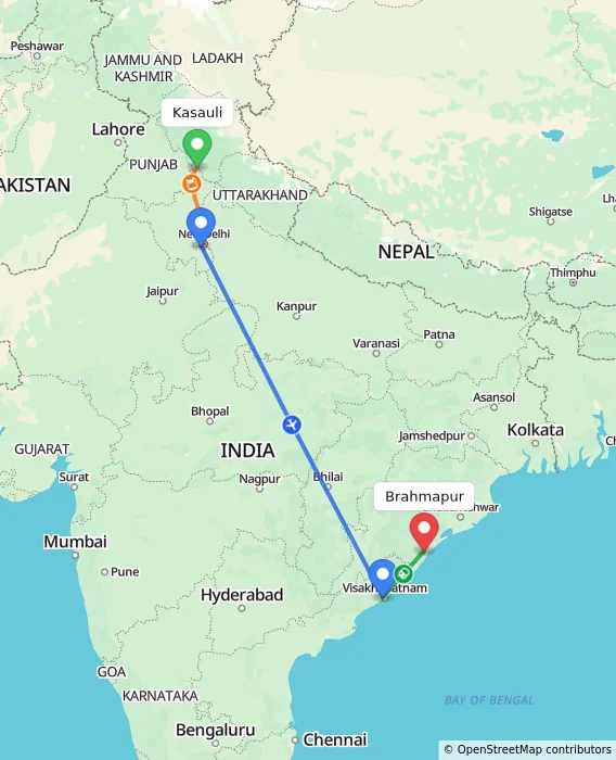 Route map showing distance and travel time from Kasauli, India to Brahmapur, India