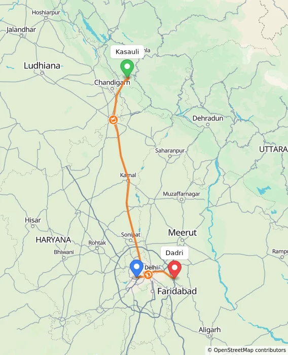 Route map showing distance and travel time from Kasauli, India to Dadri, India